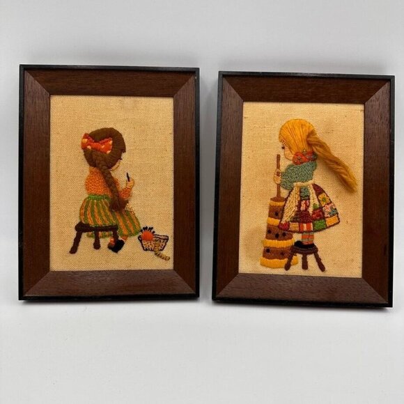 Vintage Crewel Embroidery Art Set 1970s Framed Burlap Featuring Girls Sewing & C - Picture 6 of 16